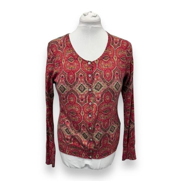 Lucky Brand Womens Long Sleeve Button-Up Cardigan Sweater L Red Pink Paisley Cot - Picture 1 of 8
